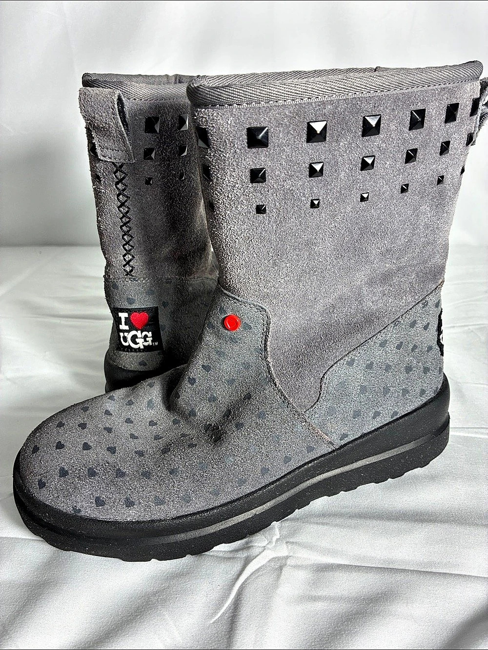I Heart UGG Gray Suede Heart Studded Boots Size 6